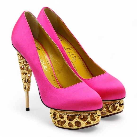 Charlotte Olympia Objets D'Art Gold Sculptured Heel PumpsPinkNEW $650